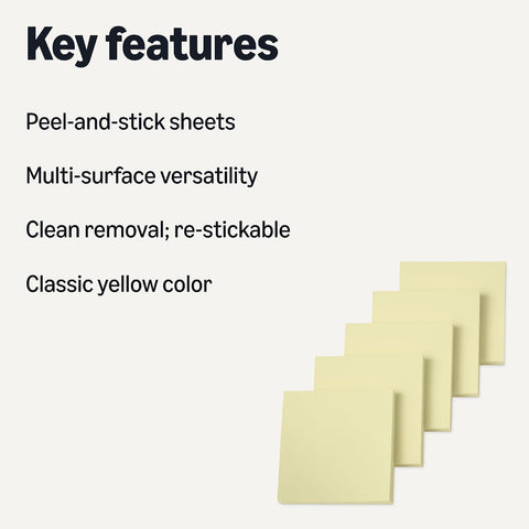 Amazon Basics Square Sticky Notes, Self-Stick Pads, 3 x 3 inches, Yellow, 5-Pack, 100 Sheets per Pad