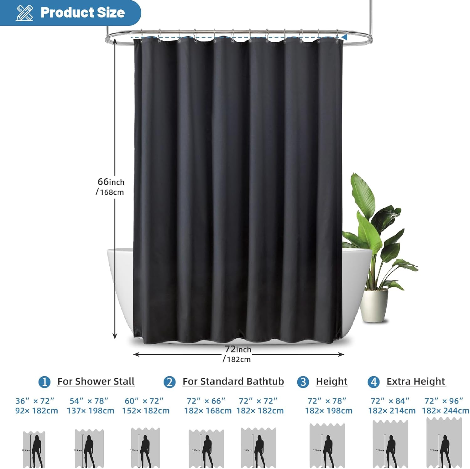 1 Pack Water-Repellent Fabric Shower Curtain Liner, 72x66 Black