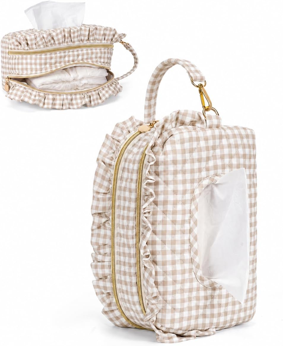 Double-Layer Wipe Holder Quilted Wipes Bag Small Hanging Diaper Bag Portable Wipe Pouch for Stroller, Home, Travel (Brown Plaid)