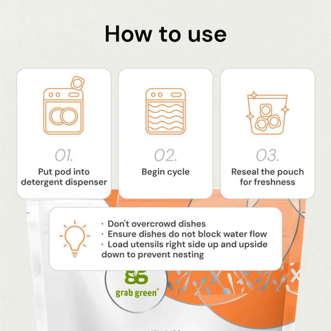 Grab Green Dishwasher Pods, 132 Count, Tangerine Lemongrass | Plant & mineral based; Enzyme-powered; Velcro Closure; No Harsh Chemicals; Removes Grease and Stuck on Food