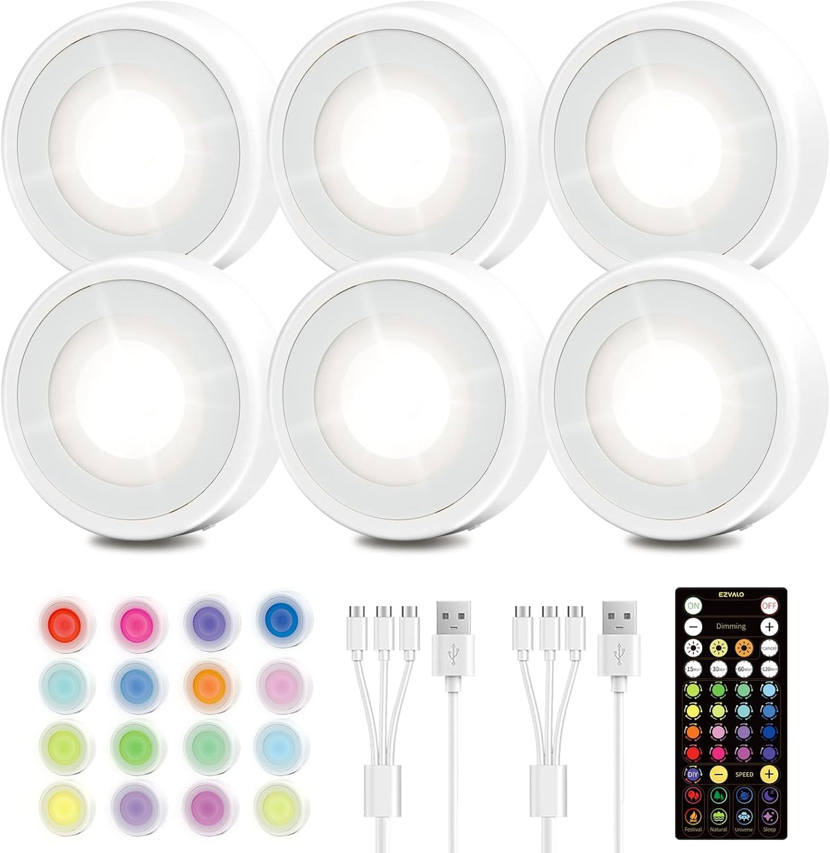 EZVALO LED Puck Lights, 6Pack Rechargeable Touch Light, 2.5'' Mini Tap Lights, Wireless Closet Light, Under Cabinet Lighting, 3 Color & 83 RGB, Stick On Lights for Kitchen,Pantry,Shelves