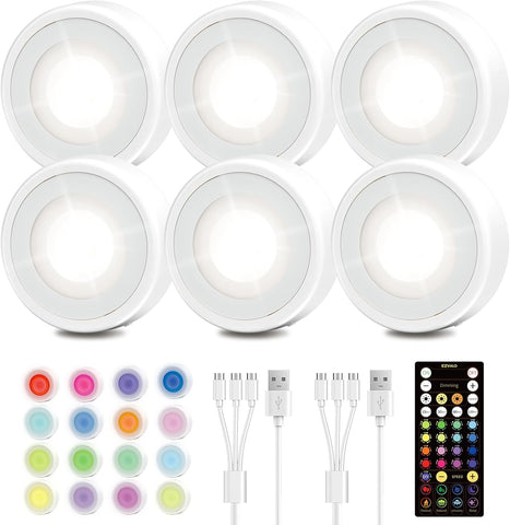 EZVALO LED Puck Lights, 6Pack Rechargeable Touch Light, 2.5'' Mini Tap Lights, Wireless Closet Light, Under Cabinet Lighting, 3 Color & 83 RGB, Stick On Lights for Kitchen,Pantry,Shelves
