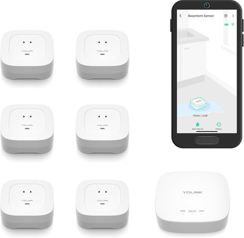 YoLink Water Leak Sensor 4 105 dB Alarm Kit: 6-Pack + Hub