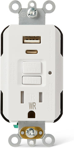 Amazon Basics Weather Resistant GFCI Receptacle with USB-A and USB-C Ports, 15 Amp Self-Test Outlet, Tamper Resistant, White, 1 Pack