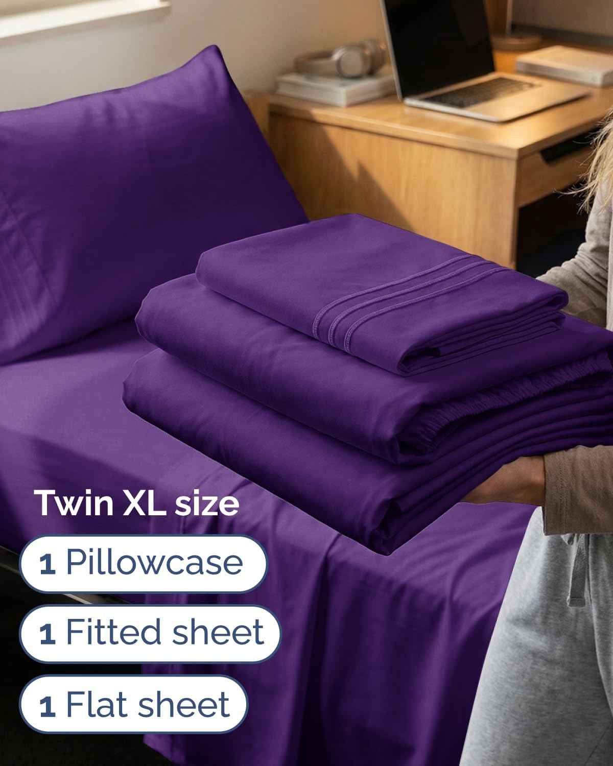 Twin XL 3 Piece Sheet Set - College Dorm Room Essentials - Purple