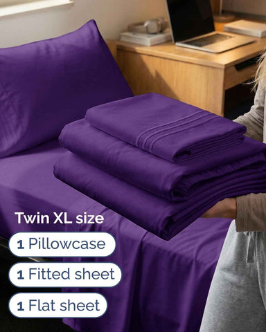 Twin XL 3 Piece Sheet Set - College Dorm Room Essentials - Purple