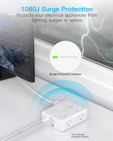 One Beat Flat Plug Surge Protector Power Strip, 6 Ft Flat Extension Cord