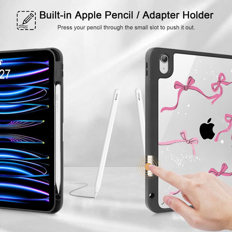 Tuiklol Case for iPad 11 inch (A16 Chip) 2025 11th Generation/iPad 10.9 inch 2022 10th Gen, Buit in Pencil Holder with Shockproof Cover Clear Transparent Back Shell Auto Wake/Sleep, Bow