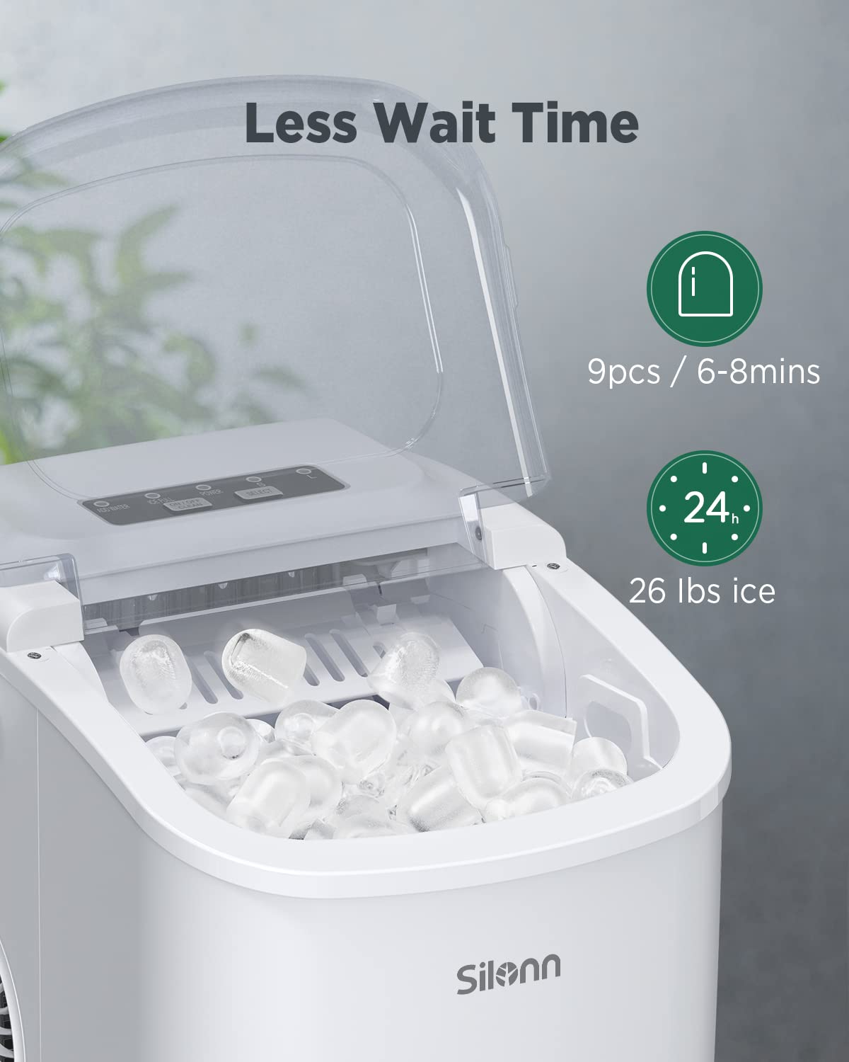 Silonn Ice Makers Countertop, 9 Cubes Ready in 6 Mins, 26lbs in 24Hrs, Self-Cleaning Ice Machine with Ice Scoop and Basket, 2 Sizes of Bullet Ice for Home Kitchen Office Bar Party