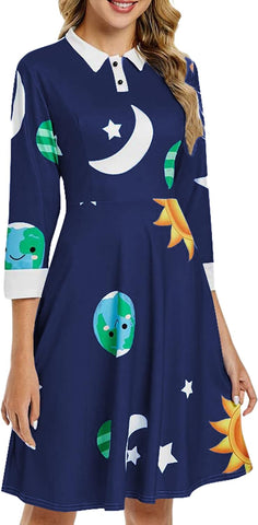 ZEZCLO Halloween Costume Womens Peter Pan Collar Dress Solar System Dresses