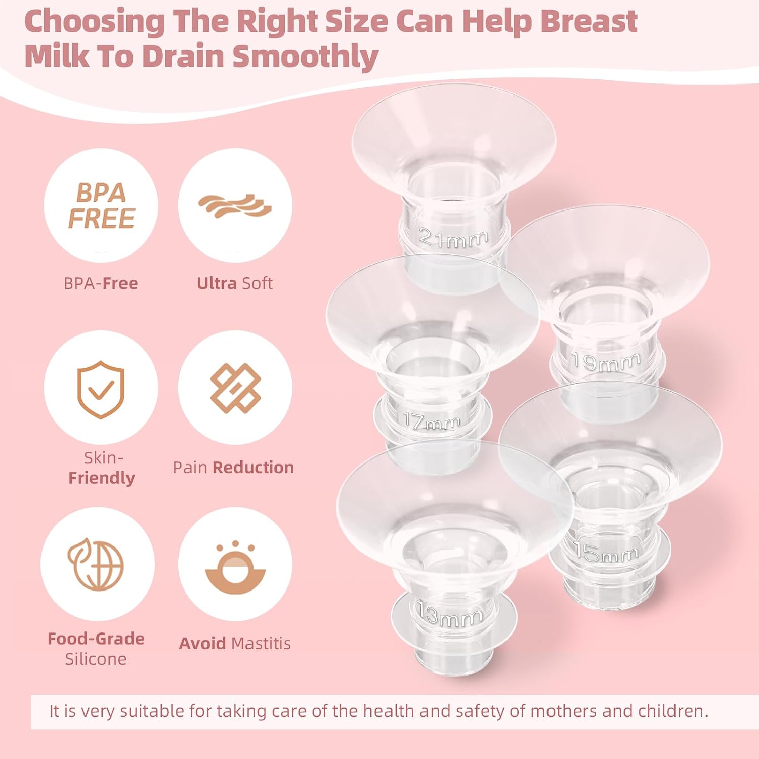 Flange Insert 13/15/17/19/21mm 10PCS Compatible with Momcozy S12 Pro/S9 Pro/S12/S9/Medela/Spectra etc Electric Breast Pump 24mm Flange/Shield, Reduce 24mm Tunnel Down to Correct Size