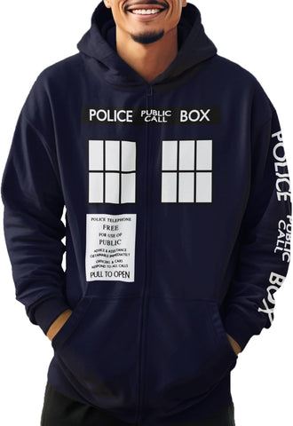 Ripple Junction Doctor Who Men’s Full Zip-Up Hooded Sweatshirt Tardis Police Public Call Box Pull to Open Officially Licensed