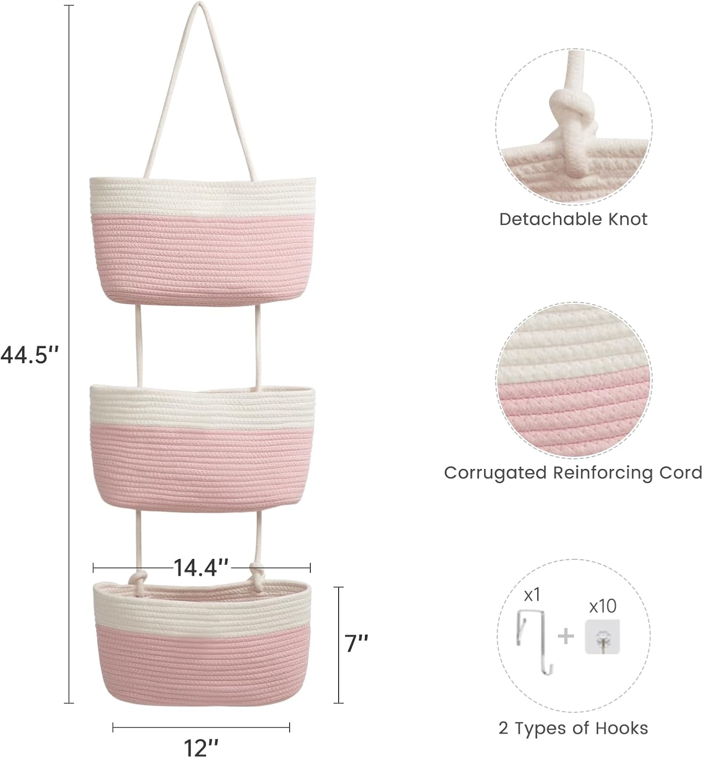 TeoKJ Over the Door Hanging Storage Basket 3 Tier Wall Organizer White&Pink