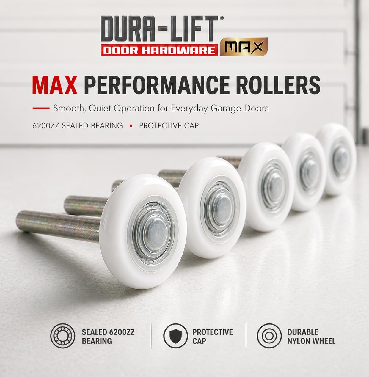 DURA-LIFT Ultra-Life MAX 2" Sealed 6200ZZ Bearing Nylon Garage Door Roller, 4" Stem, Pack of 20