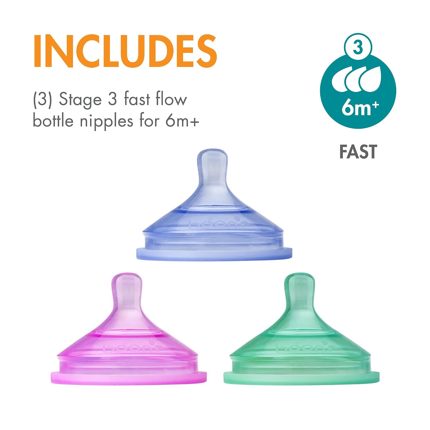 Boon Nursh Silicone Bottle Nipples - Fast Flow - 3 Count - Colorblock