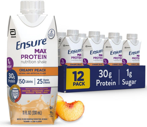 Ensure Max Protein Creamy Peach Shake, 30g High Protein, 12 Pack | 30g Protein to Support Muscle Health & Manage Hunger for Adults, Each Protein Shake has 1g Sugar, 150 Calories, 4g Fiber