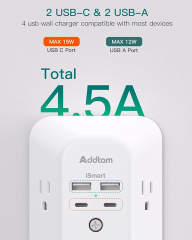 Addtam 5-Outlet Extender Surge Protector, Multi Plug Wall Outlet with 4 USB Wall Charger(2 USB C), Outlet Splitter Power Strip for Home Office Dorm Room Essentials, Plug Extension Outlet 1800J, 2 Pack