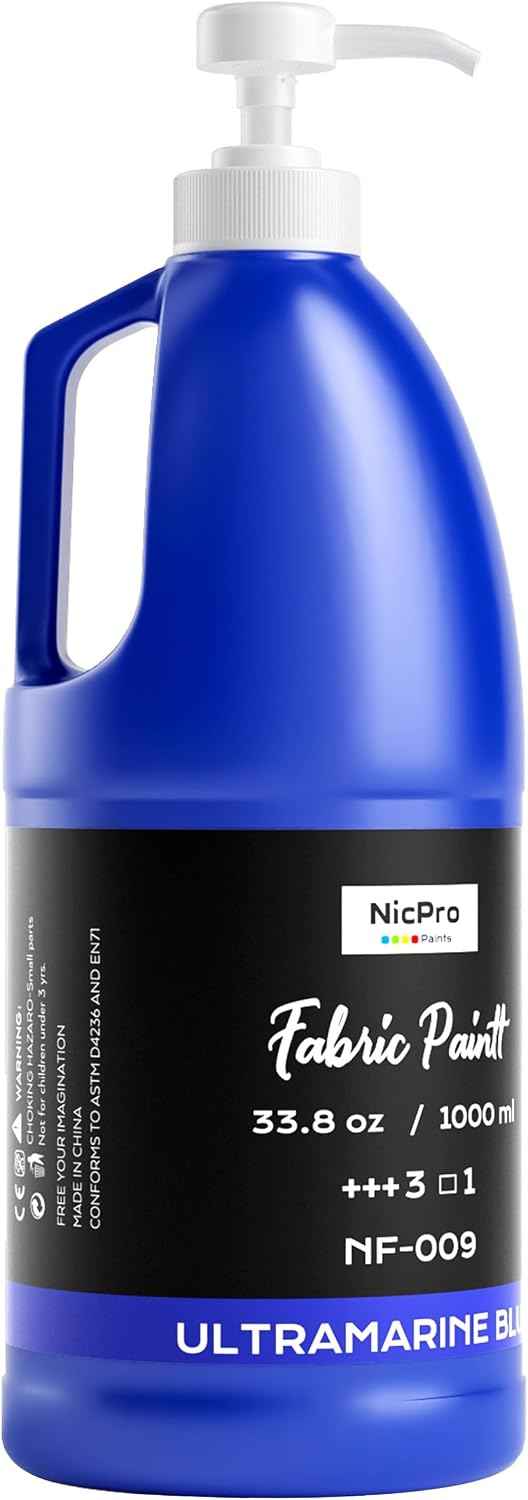 Nicpro Blue Fabric Paint with Pump, 33.8 fl oz (1000 ml) Large Fabric Paint for Clothes Permanent, Rich Pigment Non-Toxic Soft Clothing Paint for DIY T-shirts Jeans Crafts, Refresh Furniture