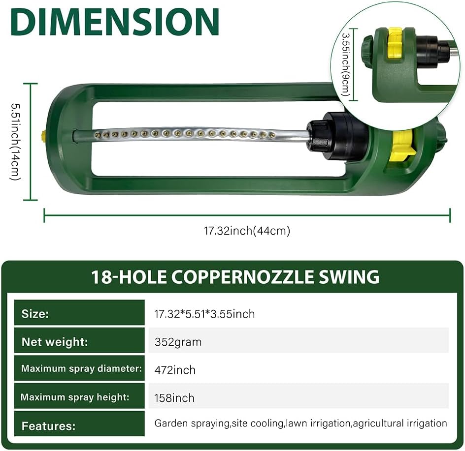Lawn Sprinkler, 18 Brass Nozzles Garden Water Oscillating Sprinkler for Yard Covers up to 3,600 sq.ft, Heavy Weight Base, Built-in Spray Jet Cleaning Needle, Green, Yellow