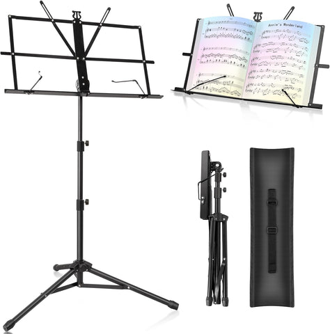 New Bee Music Stand Foldable & Portable Metal Sheet Music Stand with Carrying Bag, Adjustable Podium Stand with Tripod Base and Sheet Music Folder - Black