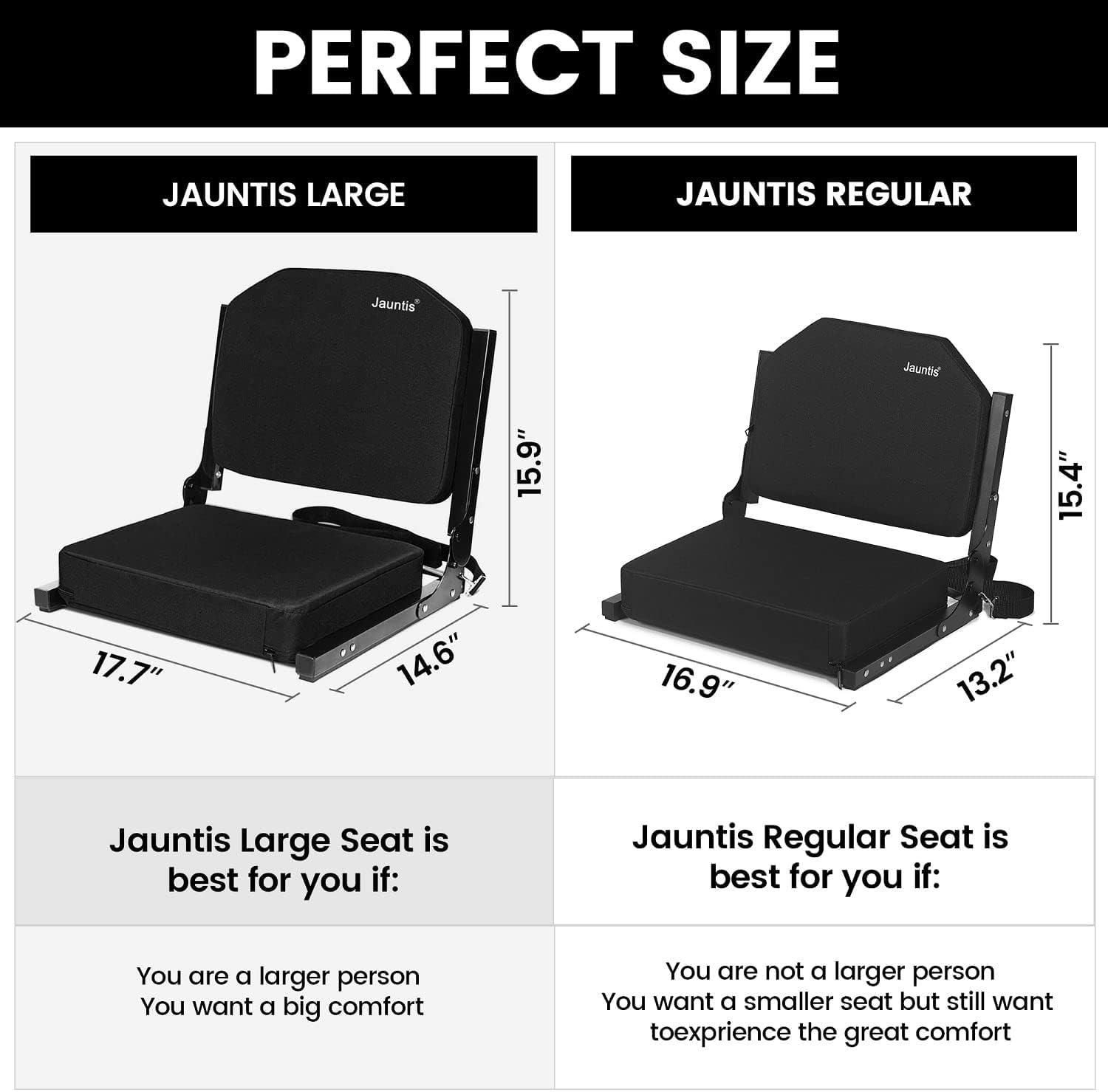 Jauntis Stadium Seats for Bleachers, Bleacher Seats with Ultra Padded Comfy Foam Backs and Cushion, Wide Portable Stadium Chairs with Back Support and Shoulder Strap, 2 Pack, Black