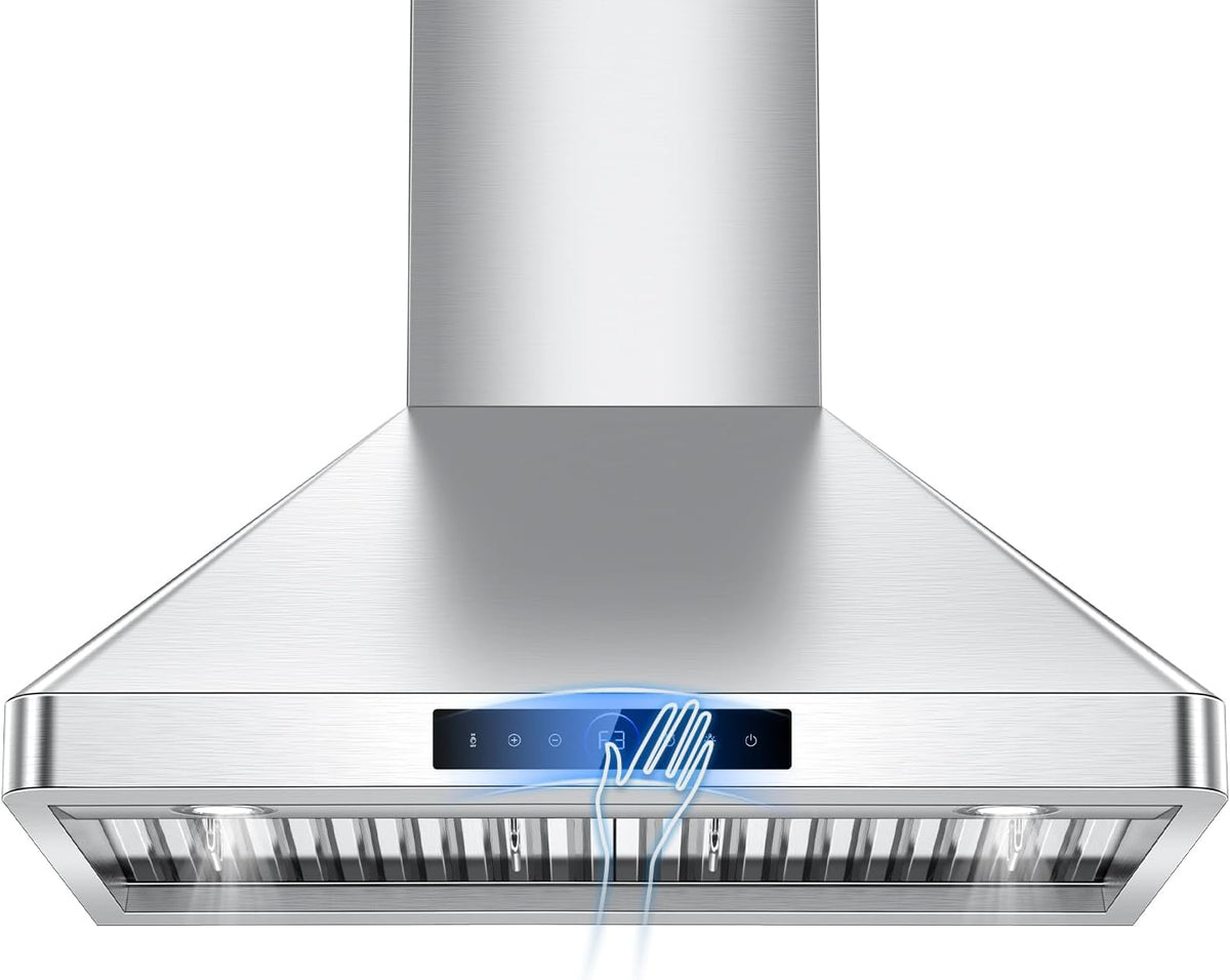 30 inch Wall Mount Range Hood, 1200 CFM Gesture Touch Stainless Steel Hood