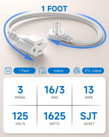 Flat Plug 1Ft Short Extension Cord, White 90-Degree Plug Low Profile Power Adapter, 3-Prong Indoor Grounded Small Extension Cord 16AWG 13A 1625W 1 Pack