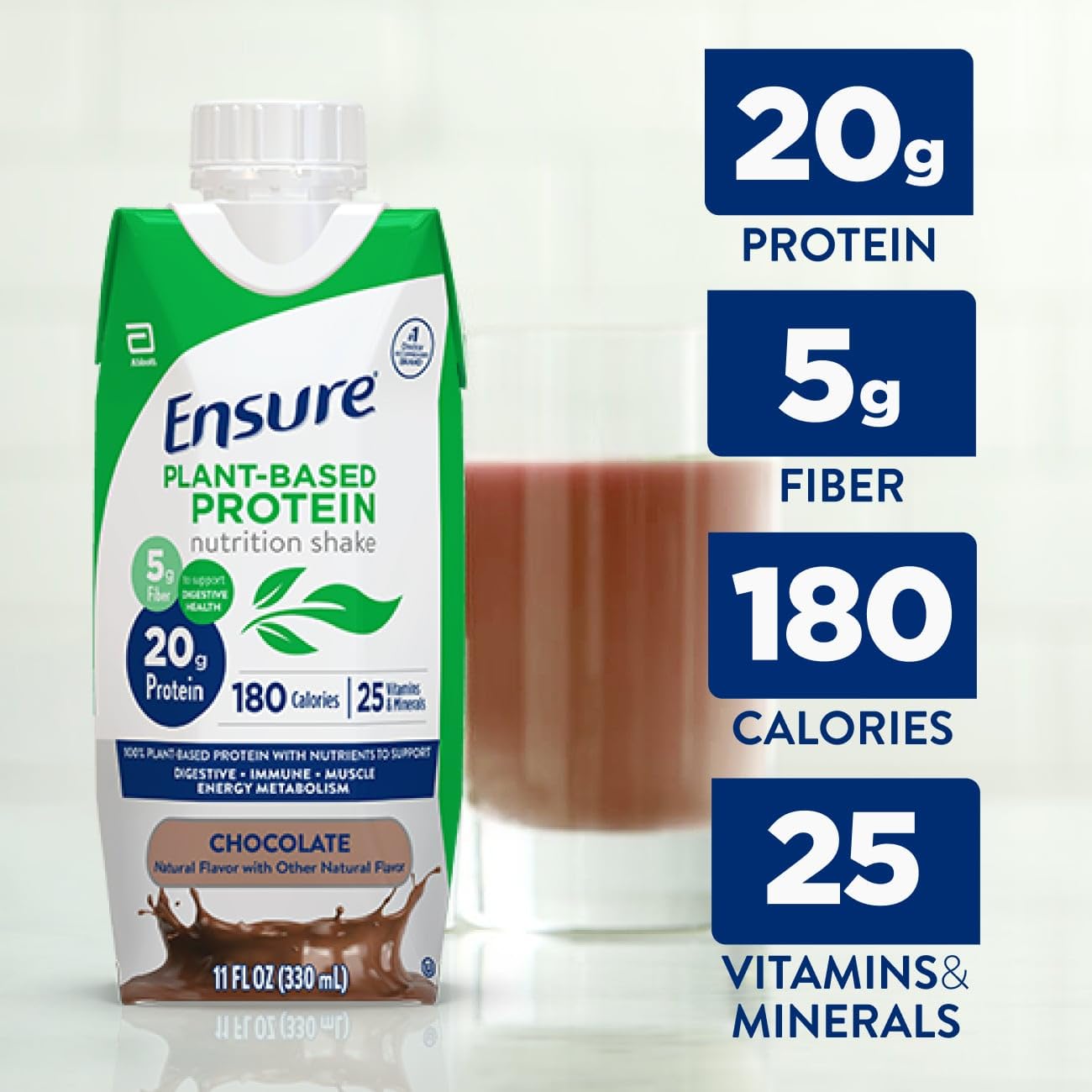 Ensure Plant-Based Protein Shake With 20g Protein, 5g Fiber, Ready to Drink, Chocolate, 11 Fl Oz, 12 Pack