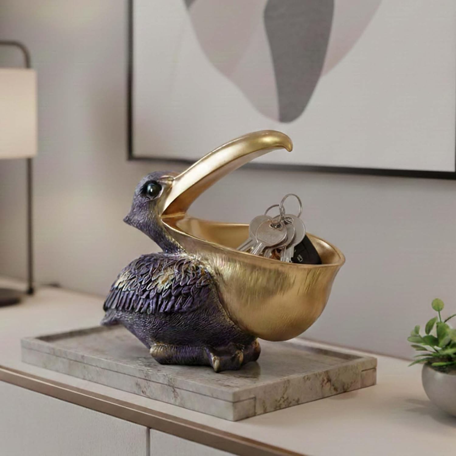 Pelican Key Holder Statues,Fun Animal Hippo Candy Dish,Candy Dish for Office Desk Unique,Modern Key Holder for Pelican Figurine,Suitability Desk bowl and Entry Table Decor Item (Purple Gold)
