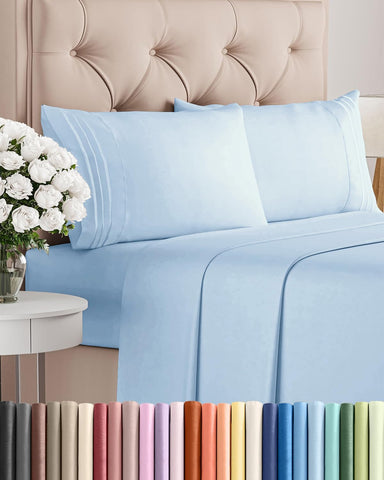 Queen Size 4 Piece Sheet Set - Breathable & Cooling Sheets - Light Blue