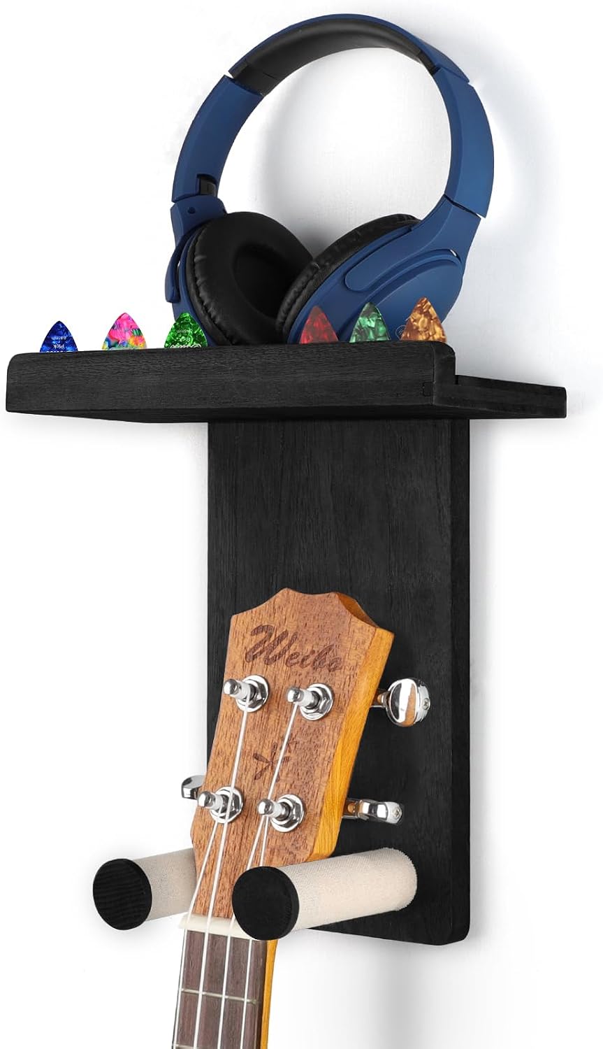 Keebofly Guitar Wall Mount - Single Pack, Wall Hanger with Pick Holder - Guitar & Ukulele Rack, Rustic Wood Black, Patented