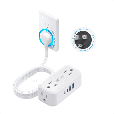 TROND 360° Rotating Flat Plug Power Strip 10ft, 4 Widely AC Outlets, White