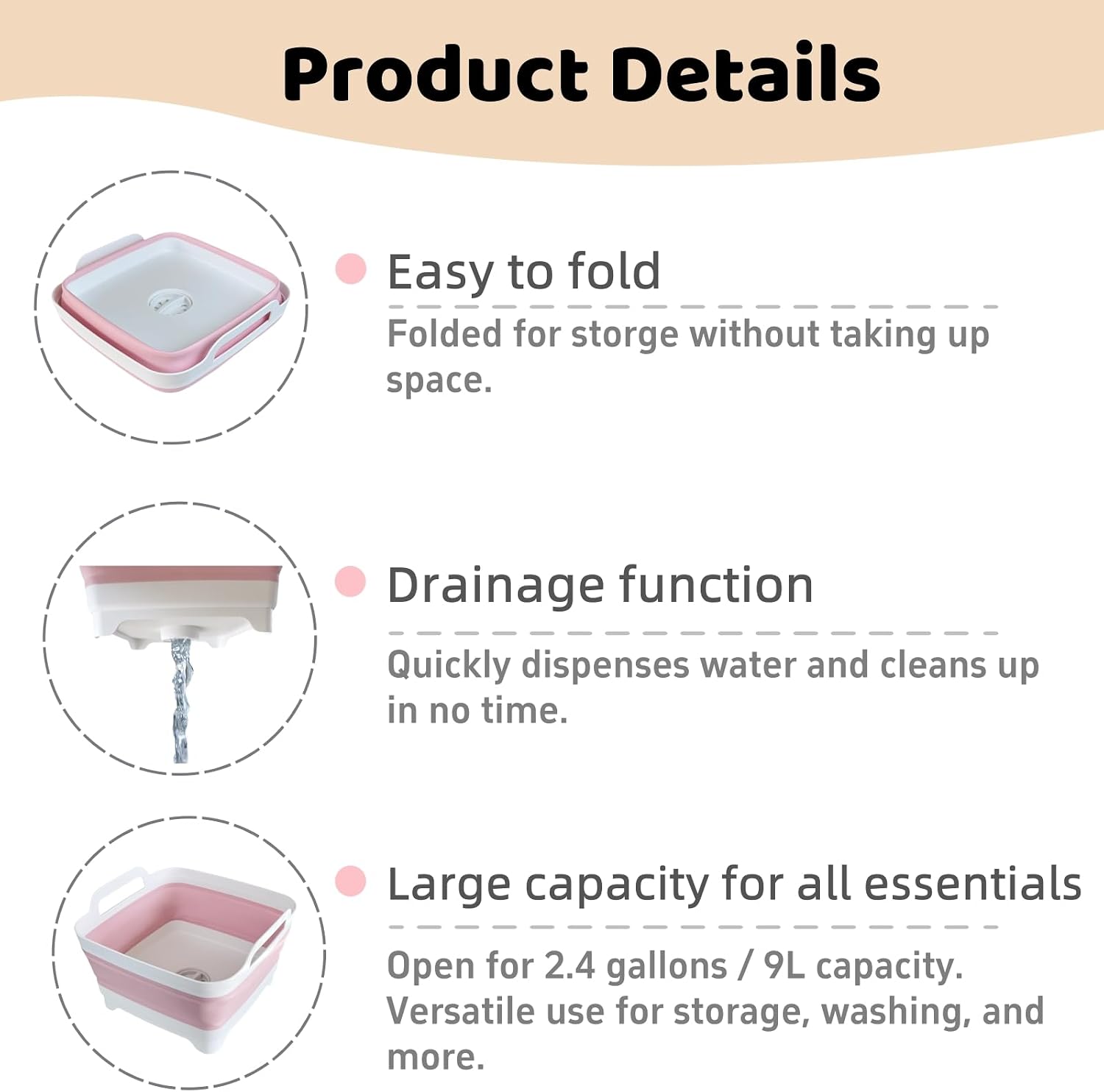 GIMWA 2.4Gal Collapsible Dish Basin with Drain Plug, Baby Bottle Wash Basin
