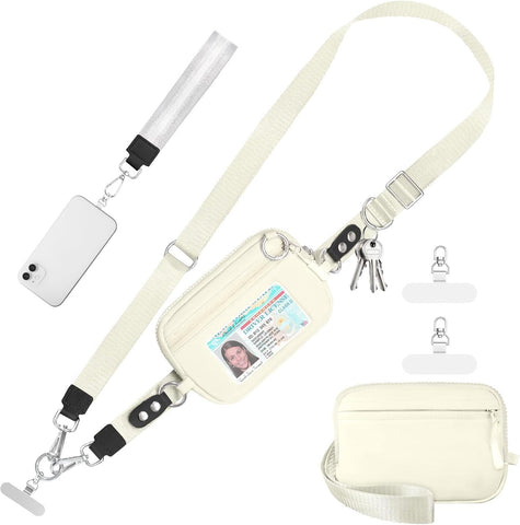 Tiostep Clip and Go Strap for Phone with Wallet Crossbody Phone Lanyard Adjustable and Detachable RFID Wristlet Wallet (Beige, Medium)