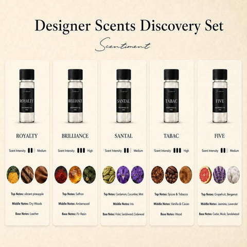 Scentiment Designer Diffuser Oils – Santal (Sandalwood), Tabac (Tobacco & Cacao), Brilliance (Saffron & Amber), Royalty (Pineapple & Leather), Five (Citrus & Musk) – 5 Pack, 0.68 fl oz (20 mL)