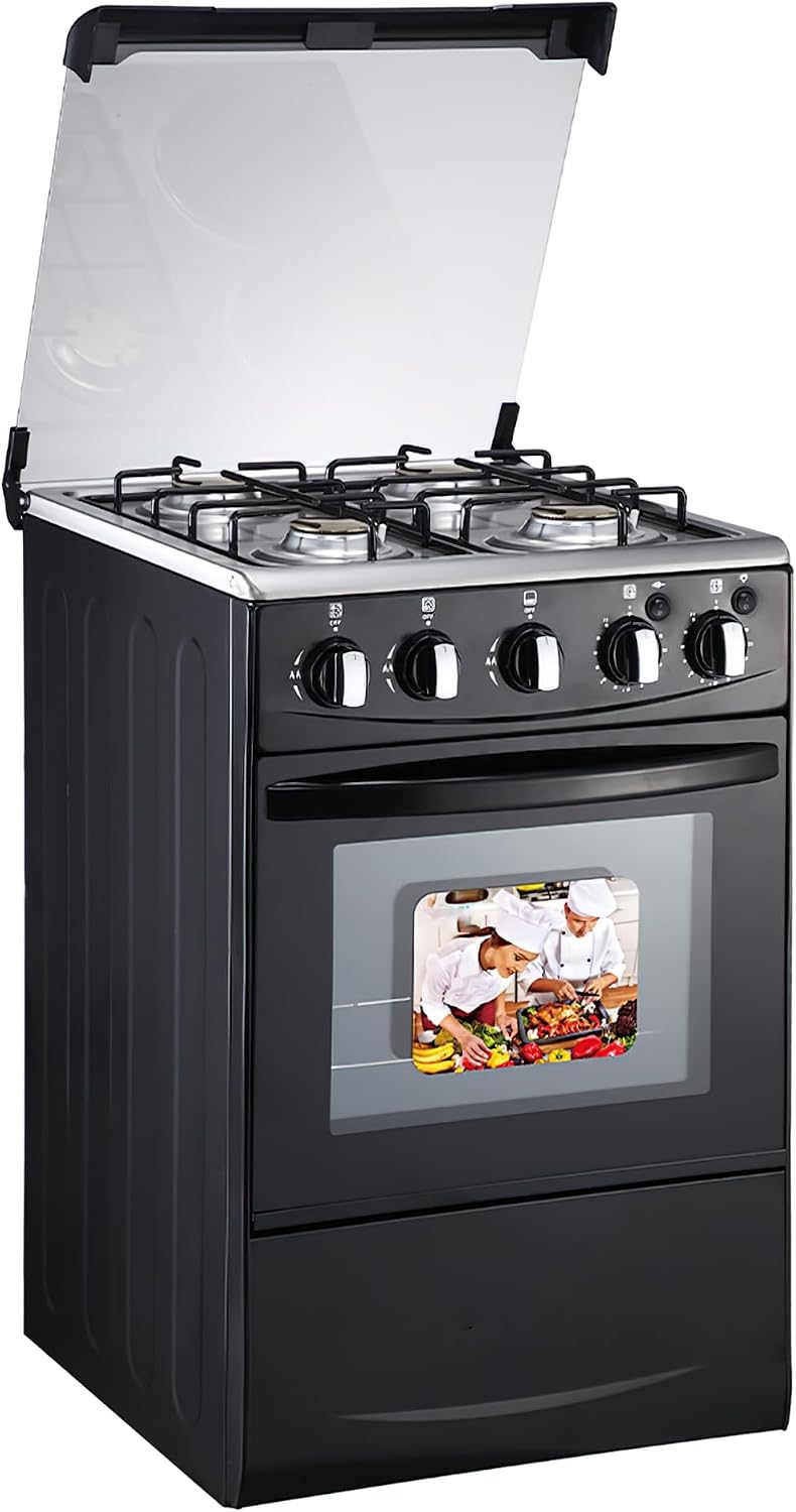 20-inch LPG (Propane) Gas Range, 4-Burner Cooktop with 62L Oven, 201 Stainless Steel, Black Glass Lid, Electronic Ignition, for Kitchen