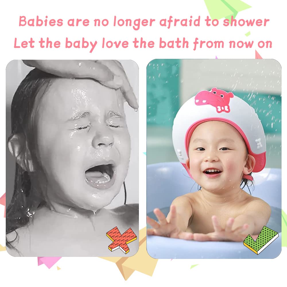 Baby Shower Cap Shield, Shower Cap for Kids, Visor Hat for Eye and Ear Protection for 0-9 Years Old Children,Cute Dinosaur/Crocodile/Hippo shape Makes the Baby Bath More Fun (Hippo, Red)