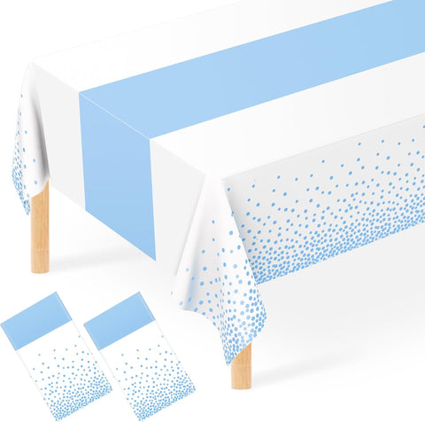 2 Pack White and Light Blue Tablecloth Disposable White Table Cloth Printed Pastel Blue Table Runner for Parties Baby & Bridal Shower Engagement Wedding Birthday BBQ Picnic Indoors and Outdoors Party