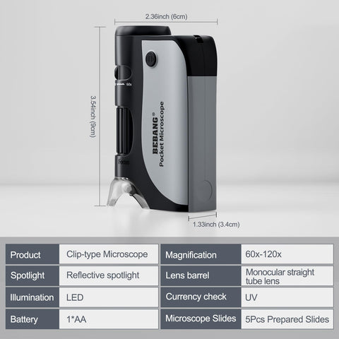 BEBANG Pocket Microscope,60X-120X Handheld Mini Microscope for Kids with LED Lighted Zoom, Portable Microscope Kits with 5 Pcs Slides for Adults Microbiological Observation Preschool Home Study Gifts