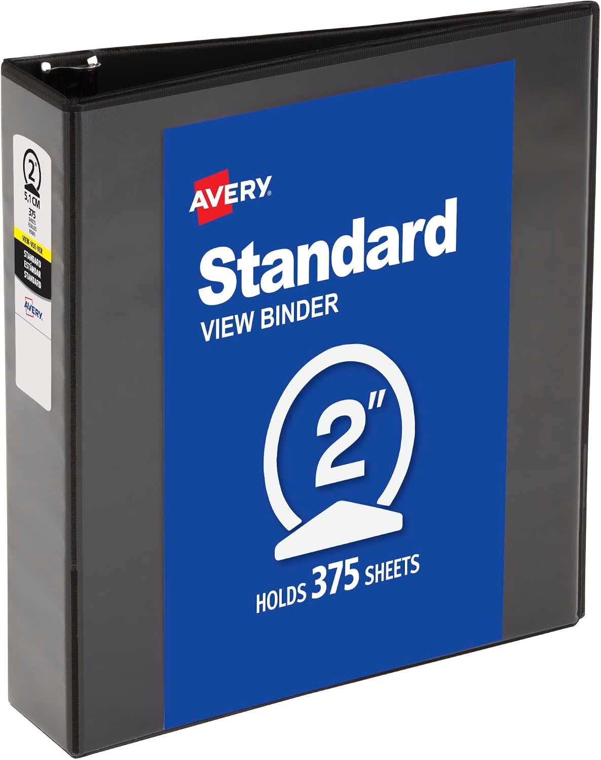 Avery Standard View 3 Ring Binder, 2" Round Rings, 1 Black Binder