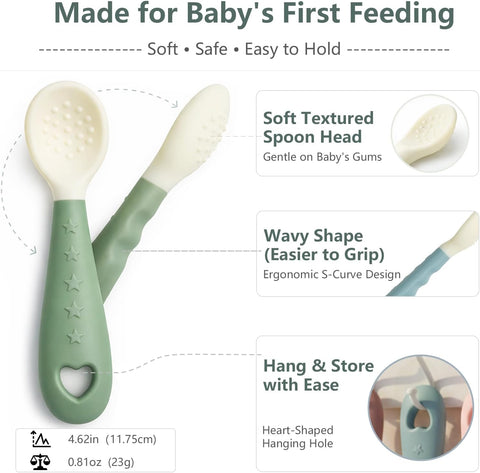 Seposeve Silicone Baby Spoons (4-Pack) – Soft BLW Self Feeding Spoons for Babies 6+ Months, Gum-Friendly First Stage Infant Spoons, BPA-Free, Dishwasher Safe (2 Green, 2 Blue)
