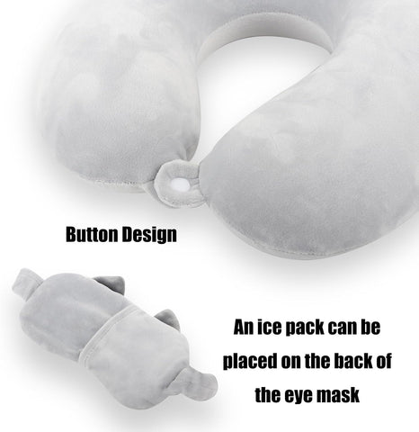 Kids Neck Pillow for Travel with Sleep Eye Mask, Cute Travel Neck Pillow, Memory Foam Flight Sleeping Headrest Pillow for Boys & Girls, Airplane, Train, Car, Home Use - Grey Cat