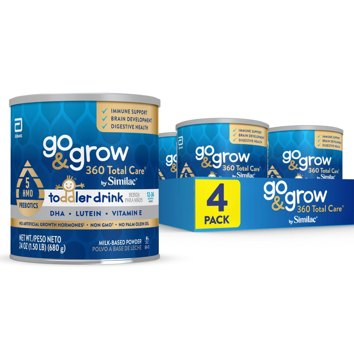 Go & Grow 360 Total Care by Similac Toddler Nutritional Drink With 5 HMOs, Powder, 24-oz Can, Pack of 4