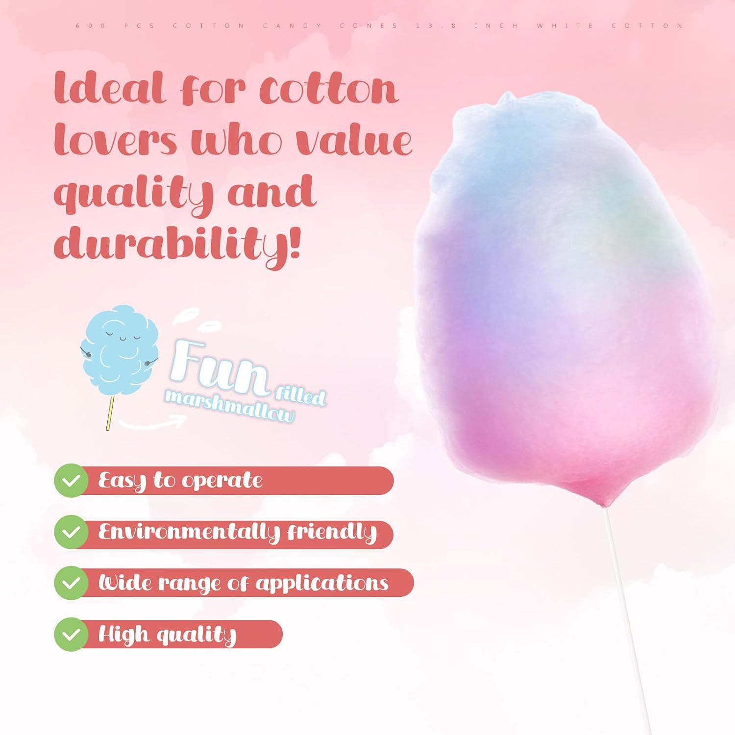 Honeydak 1200 Pcs Cotton Candy Cones 13.8 Inch White Sticks for Parties
