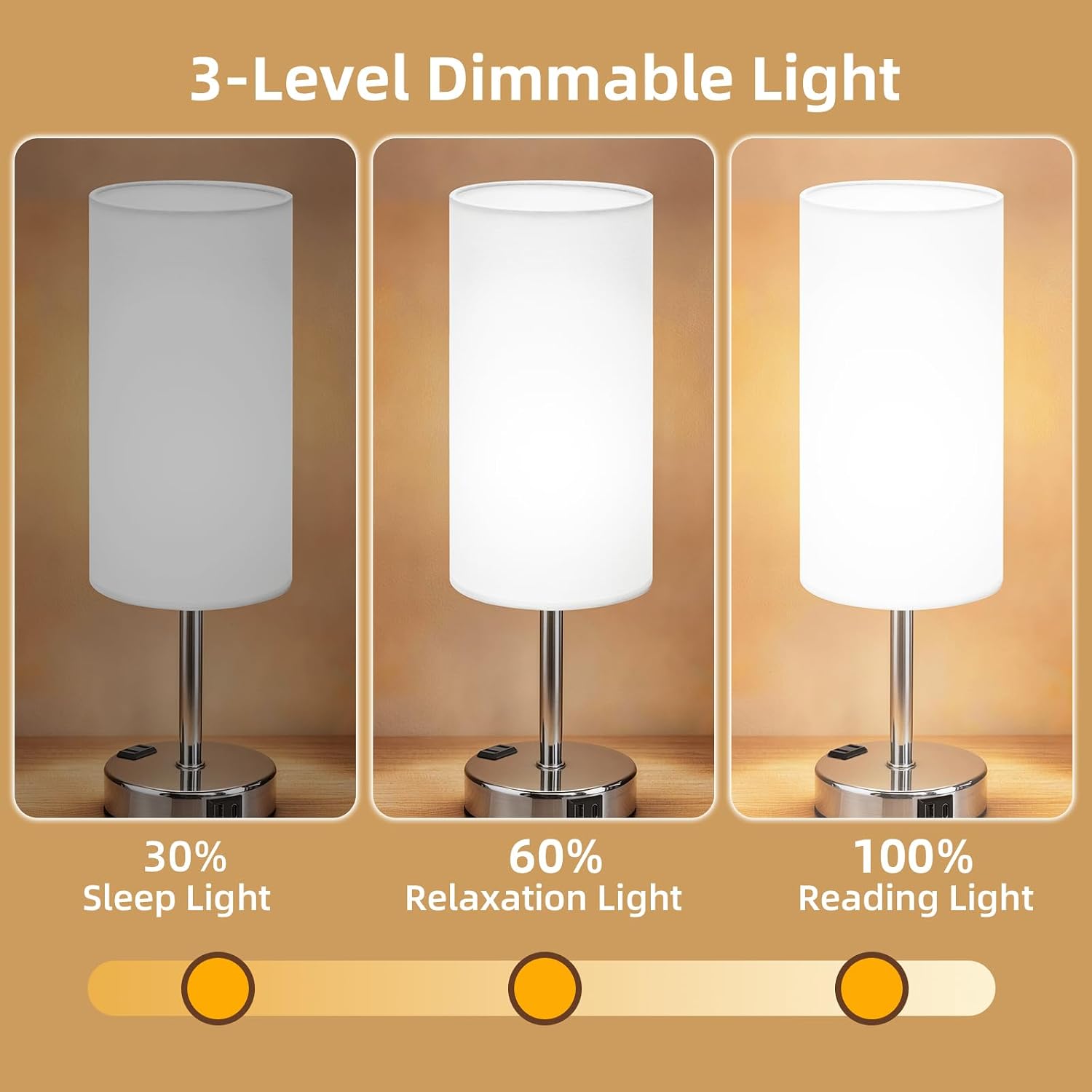 Table Lamp, Dimmable Touch, AC Outlet, USB A+C (White&Silver)