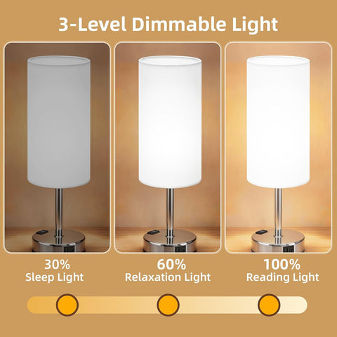Table Lamp, Dimmable Touch, AC Outlet, USB A+C (White&Silver)