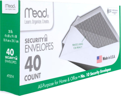 Mead #10 Envelopes, Letter Size, 4-1/8" x 9-1/2", Security Printed Lining for Privacy, Gummed Closure, Windowless, White All-Purpose for Home & Office Mail, 40 Count (75214)