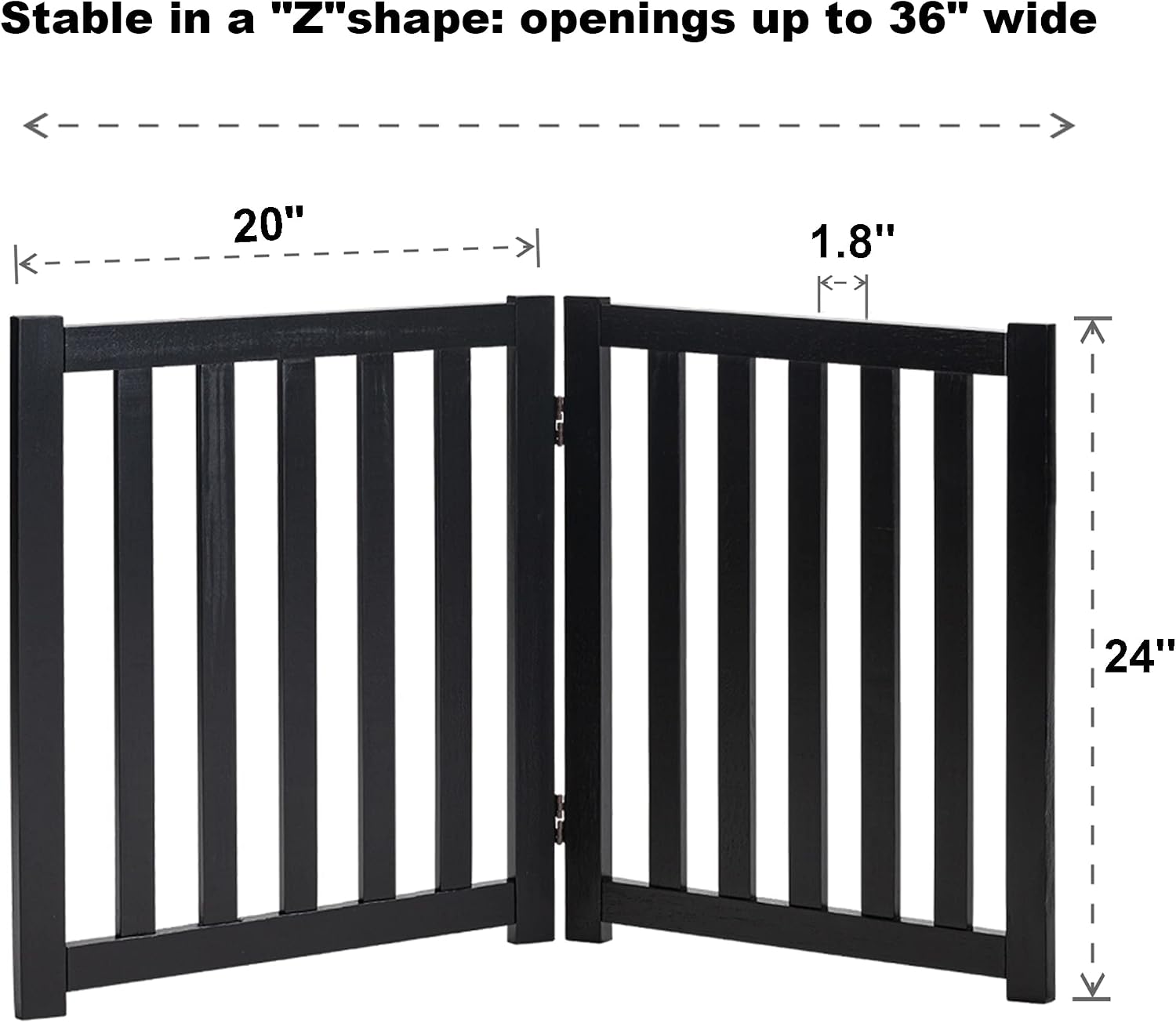 LZRS Wooden Free Standing Dog Gate 40" W x 24" H, Foldable Solid Hardwood Pet Safety Fence for House Doorways, Stairs, Hallways, Step-Over Pet Barrier, No Drill Easy Setup, Black