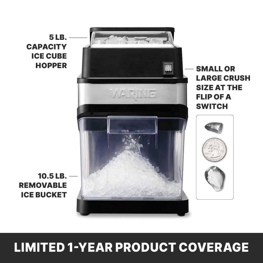 Waring Commercial Ice Crusher Machine, 600 lb/hr Heavy-Duty Ice Crusher for Bars, Restaurants, Cocktails & Seafood Displays, Stainless Steel, WIC50