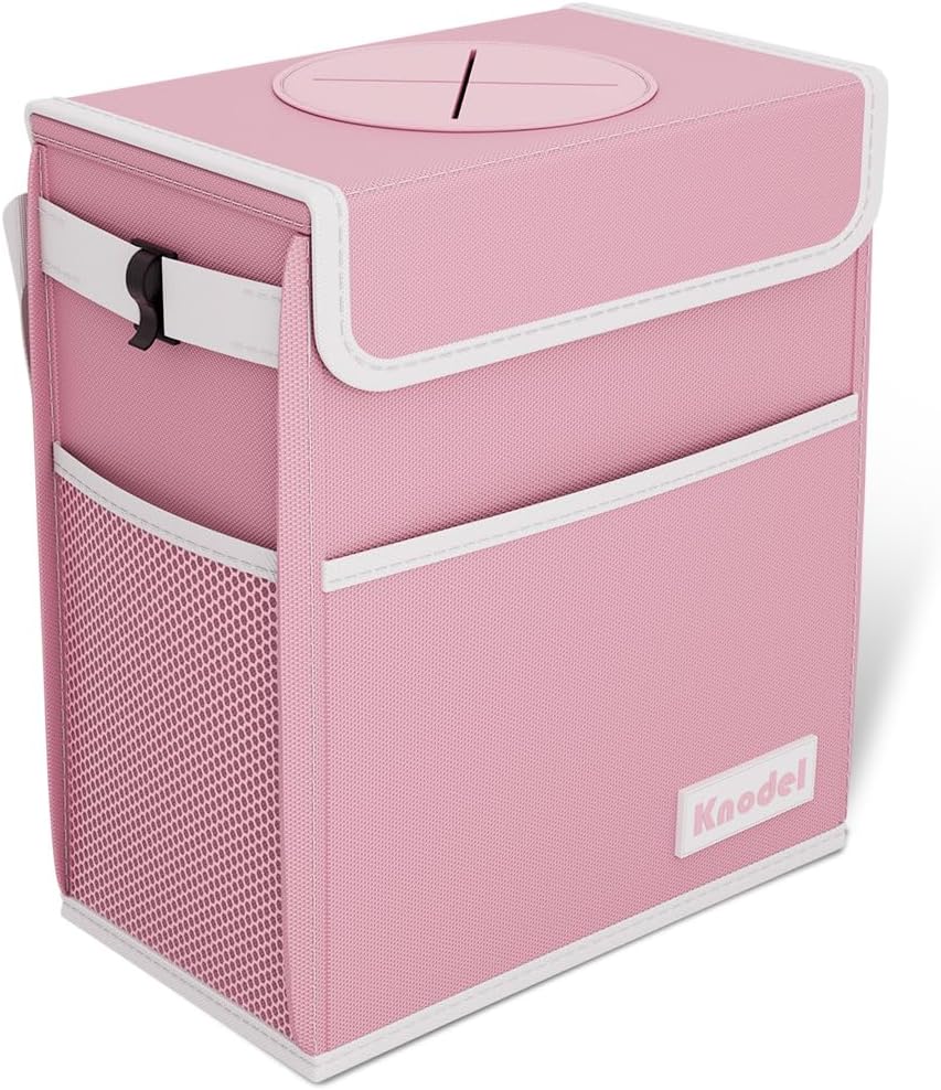 K KNODEL Car Trash Can with Lid, Car Garbage, Bin and Bag (Pink, Large)